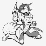  2019 5_fingers alternate_version_at_source anthro armor biped clothed clothing digital_media_(artwork) dragon female fingers floppy_ears fully_clothed green_eyes hi_res horn kneeling long_ears long_tail looking_at_viewer monochrome partially_colored reptile scalie simple_background solo thick_tail white_background zkelle 