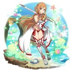  1girl asuna_(sao) boots breasts brown_eyes brown_hair cape cleavage closed_mouth detached_sleeves floating_hair full_body gauntlets highres holding holding_sword holding_weapon knee_boots leaning_forward long_hair looking_at_viewer medium_breasts official_art red_bikini_bottom smile solo sparkle sword sword_art_online thighhighs transparent_background very_long_hair waist_cape weapon white_bikini_top white_cape white_legwear white_sleeves 