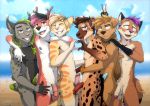  2019 5_fingers anthro antlers balls black_nose canid canine canis cervid day detailed_background domestic_cat domestic_dog felid feline felis fingers fox green_eyes group horn lynx male mammal nude open_mouth outside penis pink_nose sky smile standing teeth tongue zawmg 