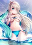  1girl anastasia_(fate/grand_order) bangs bead_bracelet beads bikini bikini_lift blue_bikini blue_eyes blue_sky blush bracelet breasts cameltoe choker closed_mouth cloud commentary_request day eyebrows_visible_through_hair eyes_visible_through_hair fate/grand_order fate_(series) gold groin hair_between_eyes hair_over_one_eye hairband highres jewelry lifted_by_self long_hair looking_at_viewer medium_breasts navel outdoors revision silver_hair sky smile solo sparkle stomach swimsuit thighs very_long_hair wading water wet yan_(nicknikg) 