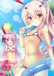  2girls :d :o arms_up ayanami_(azur_lane) azur_lane ball bare_arms bare_shoulders beachball bikini bikini_under_clothes blue_sky blush bow_bikini breasts brown_eyes cloud collarbone commentary_request day flower food frilled_bikini frills hair_ornament hairclip headgear hibiscus high_ponytail highres holding holding_ball holding_food horizon ice_cream innertube jacket light_brown_hair long_hair long_sleeves medium_breasts moyasi06_25 multi-strapped_bikini multiple_girls navel ocean open_clothes open_jacket open_mouth outdoors parted_lips pink_bikini pink_hair ponytail purple_bikini purple_eyes red_flower round_teeth saratoga_(azur_lane) sidelocks sky sleeves_past_wrists small_breasts smile swimsuit teeth transparent upper_teeth very_long_hair water white_jacket 