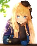  1girl arm_support backlighting bangs beret blonde_hair blue_coat blue_eyes blush bow brown_bow brown_gloves brown_headwear closed_mouth commentary_request eyebrows_visible_through_hair fate_(series) flower gloves hair_bow hair_flower hair_ornament hat head_in_hand light_smile long_hair long_sleeves lord_el-melloi_ii_case_files nasii reines_el-melloi_archisorte revision rose simple_background solo upper_body v-shaped_eyebrows white_background white_flower white_rose 