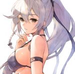  1girl bikini_top black_bikini_top black_ribbon braid breasts brown_eyes commentary_request eyebrows_visible_through_hair granblue_fantasy hair_between_eyes hair_ribbon highres koretsuki_azuma large_breasts long_hair looking_at_viewer ponytail ribbon silva_(granblue_fantasy) silver_hair simple_background solo twin_braids upper_body white_background 