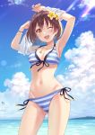  1girl arms_up ass_visible_through_thighs beach bikini blue_sky breasts brown_eyes brown_hair cloud commentary_request cowboy_shot day flower front-tie_top fukahire_(ruinon) hair_flower hair_ornament horizon looking_at_viewer medium_breasts ocean one_eye_closed open_mouth outdoors shirt short_hair side-tie_bikini sky smile solo standing striped striped_bikini swimsuit t-shirt undressing upper_teeth 