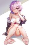  1girl absurdres bare_shoulders bikini blush breasts collarbone eyebrows_visible_through_hair eyes_visible_through_hair fate/grand_order fate_(series) feet hair_over_one_eye hand_on_own_neck highres jacket knees_together_feet_apart large_breasts looking_at_viewer mash_kyrielight off_shoulder open_clothes open_jacket purple_eyes purple_hair short_hair simple_background sitting smile solo sunhyun swimsuit toes wet white_bikini 