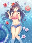 1girl :3 absurdres bikini blue_bikini_bottom blue_eyes blush breasts brown_hair cleavage commentary_request cup drinking_straw eyebrows_visible_through_hair flower hair_between_eyes highres ichinose_shiki idolmaster idolmaster_cinderella_girls in_water innertube knees_together_feet_apart large_breasts long_hair looking_at_viewer lying m_(kuhxincai) mismatched_bikini navel on_back partially_submerged red_bikini_top solo swimsuit thigh_gap water 