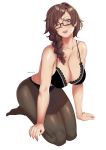  1girl bangs bare_shoulders black-framed_eyewear black_bra bra braid breasts brown_eyes brown_hair cleavage collarbone commission english_commentary glasses highres lace large_breasts long_hair looking_at_viewer lulu-chan92 one_eye_closed open_mouth original pantyhose seiza single_braid sitting tongue tongue_out underwear 