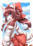  2019 anthro bell blue_eyes blush bow_tie brown_fur brown_hair clothed clothing cute_fangs felid feline female fur hair hi_res horokusa0519 inner_ear_fluff long_hair looking_at_viewer mammal open_mouth open_smile smile solo white_fur 