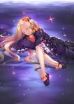  1girl abigail_williams_(fate/grand_order) black_bow black_dress black_footwear blonde_hair bow closed_eyes dress fate/grand_order fate_(series) hair_bow highres long_hair lying mary_janes multiple_hair_bows nekosama_shugyouchuu on_side orange_bow polka_dot polka_dot_bow shiny shiny_hair shoes short_dress shorts shorts_under_dress sleeping sleeves_past_fingers sleeves_past_wrists solo very_long_hair white_shorts 