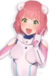  1girl aries_spring bodysuit breasts bun_cover gloves green_eyes heterochromia highres index_finger_raised kanata_no_astra looking_at_viewer medium_breasts open_mouth paw_gloves paws pink_hair reverie_soda short_hair simple_background solo upper_body white_background yellow_eyes 
