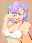  1girl blue_eyes breasts cleavage commentary_request covered_nipples dagashi_kashi graphite_(medium) looking_at_viewer millipen_(medium) onnaski open_mouth purple_hair ringed_eyes shidare_hotaru short_hair smile solo swimsuit traditional_media 