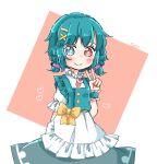  +_+ 1girl alternate_costume alternate_hairstyle apron aqua_dress aqua_eyes aqua_hair artist_name bow dress heterochromia highres maid red_eyes salt_(seasoning) short_hair solo tagme tatara_kogasa touhou v yellow_bow 