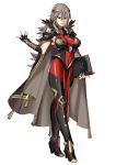  1girl alternate_costume black_gloves book breasts cape closed_mouth ebinku fingerless_gloves fire_emblem fire_emblem_heroes full_body gloves grey_hair hair_ornament high_heels holding holding_book large_breasts long_hair red_eyes simple_background solo standing thrasir_(fire_emblem) white_background 