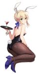  1girl animal_ears artoria_pendragon_(all) ass bangs bare_shoulders blue_footwear blue_ribbon braid breasts bunny_ears bunny_tail bunnysuit commentary_request drink eyebrows_visible_through_hair fate/grand_order fate_(series) fishnet_pantyhose fishnets from_behind green_eyes harimoji highres holding holding_plate looking_at_viewer medium_breasts pantyhose plate pumps ribbon saber shoes short_hair solo tail 