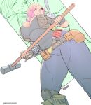  1girl bangs belt_pouch breasts commentary english_commentary fingerless_gloves flipped_hair fortnite from_below gloves hammer holding holding_weapon large_breasts lips pants parted_bangs penny_(fortnite) pink_hair pouch rejean_dubois short_hair shotgun_shells solo thick_thighs thighs vest weapon zoom_layer 