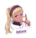  1girl black_headband character_name commentary dark_skin earrings gloves hair_twirling headband jewelry kanata_no_astra looking_at_viewer nakid open_mouth pink_gloves purple_eyes quitterie_rafaeli simple_background solo stud_earrings twintails upper_body white_background 