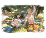  2boys alpha_transparency arm_support belt black_hair blonde_hair canister canteen closed_eyes granblue_fantasy hair_intakes holding jacket lancelot_(granblue_fantasy) male_focus minaba_hideo multiple_boys no_nipples official_art outdoors parted_lips sleeping smile towel towel_around_neck tree_shade vane_(granblue_fantasy) white_jacket 
