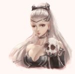  1girl artist_name azto_dio black_gloves breasts choker cleavage dated detached_sleeves dress earrings eir_(fire_emblem) elbow_gloves english_commentary eyelashes fire_emblem fire_emblem_heroes gloves grey_eyes hair_ornament highres holding_skull jewelry long_hair looking_at_viewer medium_breasts ponytail silver_hair skull solo very_long_hair 