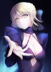  1girl artoria_pendragon_(all) bangs black_bow blue_sleeves bow braided_bun breasts choker cleavage collarbone fate/stay_night fate_(series) hair_bow highres kyuu_(chiu850513) long_sleeves looking_at_viewer medium_breasts outstretched_arm outstretched_hand parted_lips reaching saber_alter short_hair shrug_(clothing) silver_hair solo upper_body yellow_eyes 