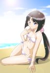  1girl after_war_gundam_x blue_eyes breasts brown_hair cleavage closed_mouth commentary_request graphite_(medium) gundam long_hair looking_at_viewer millipen_(medium) onnaski ponytail smile solo swimsuit tiffa_adill traditional_media very_long_hair 
