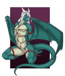  2019 accelo andromorph anthro dragon green_scales hair horn intersex kneeling membrane_(anatomy) membranous_wings navel pale_eyes pussy scales scalie simple_background smile solo western_dragon white_hair wings 