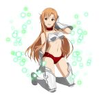  1girl :d armor armored_boots ass_visible_through_thighs asuna_(sao) bikini_armor boots breasts brown_eyes brown_hair choker cleavage collarbone floating_hair full_body gauntlets hand_in_hair highres kneeing long_hair looking_at_viewer medium_breasts navel official_art open_mouth smile solo strapless sword_art_online thigh_boots thighhighs transparent_background very_long_hair yellow_footwear 