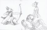  anthro bow_(weapon) breasts crestfallenartist disembodied_penis erection female greyscale humanoid_penis kobold male male/female monochrome mostly_nude multiple_images nipples penis pussy ranged_weapon solo_focus spread_legs spreading weapon 