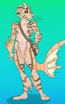  2019 absurd_res anthro armpit_hair balls black_scalera digital_media_(artwork) fin fish gills hi_res lionfish looking_at_viewer male marine nipples nude penis piercing simple_background smile solo standing stripes sylvanedadeer uncut 