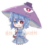  1girl blue_eyes blue_hair blue_vest heterochromia highres karakasa_obake one-eyed pout purple_umbrella red_eyes salt_(seasoning) short_hair simple_background solo tagme tatara_kogasa touhou umbrella vest 