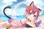  1girl :p animal_ears ass bangs bikini blue_sky blush bridal_gauntlets brown_hair cat_ears cat_girl cat_tail character_request closed_mouth cloud cloudy_sky commentary_request day eyebrows_visible_through_hair flower gradient_hair grey_hair hagoromo hair_flower hair_ornament hibiscus highres horizon looking_at_viewer looking_to_the_side lying multicolored_hair ocean on_stomach outdoors princess_connect! princess_connect!_re:dive purple_bikini purple_eyes red_hair ribbon-trimmed_bikini ribbon_trim see-through shawl sky smile solo suzu_(minagi) swimsuit tail tail_raised tongue tongue_out 