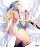 1girl angel_wings blonde_hair blue_dress blue_eyes breasts commission covered_nipples dress flower hair_flower hair_ornament himegari_dungeon_meister lakshmir_(himegari_dungeon_meister) large_breasts multiple_wings navel no_bra plunging_neckline rejean_dubois solo thick_thighs thighs veil wings x-ray 