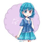  1girl alternate_costume aqua_eyes aqua_hair aqua_skirt artist_name blue_shirt contemporary earrings heterochromia highres jewelry plaid plaid_shirt red_eyes salt_(seasoning) shirt short_hair simple_background skirt solo tagme tatara_kogasa touhou umbrella 