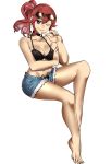  1girl absurdres anna_(fire_emblem) barefoot bikini_top breasts cleavage closed_mouth denim denim_shorts ebinku eyewear_on_head fire_emblem fire_emblem_heroes full_body highres long_hair navel one_eye_closed ponytail red_eyes red_hair shorts simple_background smile solo sunglasses white_background 