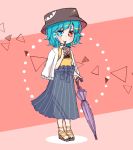  1girl alternate_costume blue_eyes blue_hair contemporary grey_skirt heterochromia highres jacket purple_umbrella red_eyes salt_(seasoning) shirt short_hair skirt solo tagme tatara_kogasa touhou umbrella white_jacket yellow_shirt 