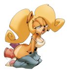  anthro bandicoot bigdad bra breasts clothed clothing coco_bandicoot crash_bandicoot_(series) dildo double_penetration female footwear kneeling mammal marsupial naughty_dog one_eye_closed open_mouth pants_down partially_clothed penetration sex_toy shoes solo sony_corporation sony_interactive_entertainment underwear video_games 