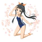  1girl :d anklet bangs barefoot black_eyes black_hair blue_swimsuit blunt_bangs bow breasts collarbone competition_school_swimsuit floating_hair full_body hair_bow high_ponytail highres jewelry kneeling long_hair official_art open_mouth orange_bow outstretched_arm plaid plaid_bow shiny shiny_hair small_breasts smile solo sparkle swimsuit sword_art_online transparent_background very_long_hair yui_(sao) 