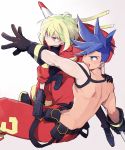  2boys baggy_pants black_gloves blue_eyes blue_hair chest galo_thymos gloves green_hair half_gloves highres jacket lio_fotia male_focus multiple_boys open_mouth outstretched_arm pants promare purple_eyes shirtless short_hair smile soto spiked_hair 