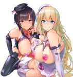  atago_(kantai_collection) bangs bare_shoulders beret black_gloves black_hair black_hat black_legwear blonde_hair blue_eyes bottomless breasts closed_mouth commentary_request covered_nipples elbow_gloves erect_nipples eyebrows_visible_through_hair gloves hair_between_eyes hat heart heart_necklace heart_pasties highres jewelry kantai_collection large_breasts long_hair looking_at_viewer lying multiple_girls necklace pasties pink_hat red_eyes short_hair sitting smile takao_(kantai_collection) tatsu_shinomu thighhighs white_legwear 