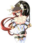  areolae blue_eyes breast_squeeze breasts cleavage dress ka2 large_breasts long_hair multicolored_hair nanbu_kaguya panties pantyshot ponytail solo strapless strapless_dress super_robot_wars super_robot_wars_og_saga_mugen_no_frontier thighhighs underwear very_long_hair 