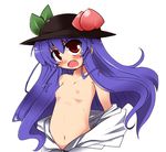  blue_hair blush fang flat_chest food fruit hat hinanawi_tenshi long_hair navel nipples off_shoulder open_mouth peach red_eyes shirogane_(platinum) solo tears touhou 