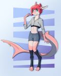  absurd_res belly bottomwear charlie_peaches clothing crop_top fish girly hair hi_res legwear marine midriff piercing red_hair shark shirt shorts stockings topwear 