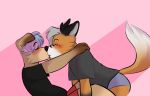  anthro bent_over bubblegumboi canid canine canis cervid clothed clothing digital_media_(artwork) domestic_dog duo eyes_closed fox fully_clothed gvmi hair hi_res hybrid kissing male male/male mammal short_hair sitting vorpi 