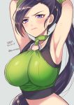  1girl armpits bare_shoulders blush breasts cleavage dragon_quest dragon_quest_xi evvimayo highres jewelry large_breasts long_hair looking_at_viewer martina_(dq11) ponytail purple_eyes purple_hair shina_shina solo very_long_hair 