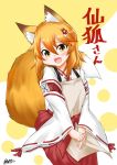  1girl :d animal_ears blush commentary_request fang fox_ears fox_tail hair_between_eyes hair_ornament hakama highres japanese_clothes kappougi looking_at_viewer miko open_mouth senko_(sewayaki_kitsune_no_senko-san) sewayaki_kitsune_no_senko-san short_hair signature simple_background smile solo tail translation_request v_arms wide_sleeves yamato_nadeshiko yellow_eyes 