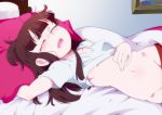  1girl bed breasts brown_hair closed_eyes commentary eyebrows_visible_through_hair jcm2 kagari_atsuko little_witch_academia long_hair lying navel on_back open_mouth pillow pink_pillow red_shorts shirt shirt_pull short_sleeves shorts shrit sleeping small_breasts solo white_shirt 