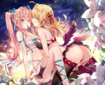  2girls ahoge all_fours arm_support ass azur_lane bangs bare_shoulders bikini bikini_skirt black_bra black_legwear blonde_hair blue_ribbon blush bra breasts choker cleavage collarbone flower glowing green_eyes grenville_(azur_lane) hair_bun hair_intakes hair_ornament hair_ribbon high_heels le_temeraire_(azur_lane) leg_ribbon light long_hair medium_breasts mouth_hold multiple_girls night pink_hair purple_footwear red_eyes red_ribbon ribbon ribbon_in_mouth riichu sidelocks sitting sky small_breasts smile star_(sky) starry_sky swimsuit thighhighs twintails underwear very_long_hair white_bikini white_flower 