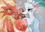  &lt;3 &lt;3_eyes anthro big_breasts blaziken bodily_fluids breasts cum cum_everywhere cumshot double_titfuck duo_focus ejaculation female genital_fluids group group_sex hi_res male male/female messy nintendo nipples orgasm pok&eacute;mon pok&eacute;mon_(species) primarina sex threesome titfuck video_games wooorf 