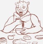  beard chopsticks claws eating facial_hair fluffy food invalid_tag kumas_corner male noodles open_mouth scar simple_background sketch solo ursid 