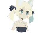  1girl animal_ears bangs bare_shoulders black_ribbon blonde_hair closed_mouth collarbone commentary_request cropped_torso eyebrows_visible_through_hair fox_ears green_eyes hair_between_eyes hair_ribbon original paprika_shikiso ribbon simple_background smile solo twintails upper_body white_background 