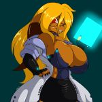  1:1 allin anthro big_breasts blonde_hair breasts claws clothed clothing eyewear female freckles glasses hair hi_res holding_object lab_coat long_hair looking_at_viewer red_eyes scalie solo suirano 